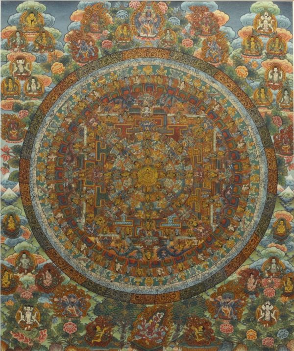 Tibet - Tanka, painting on silk decorated with divinities and bordered with embroidered silk, 19th century.