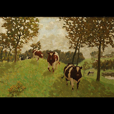 René DE BAUGNIES (1869-1962) ‘Cows grazing’ Oil on canvas, signed.