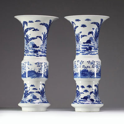 Chine - Paire de vases Gu en porcelaine blanc bleu à décor floral de coqs et poules , marque et époque Kangxi.