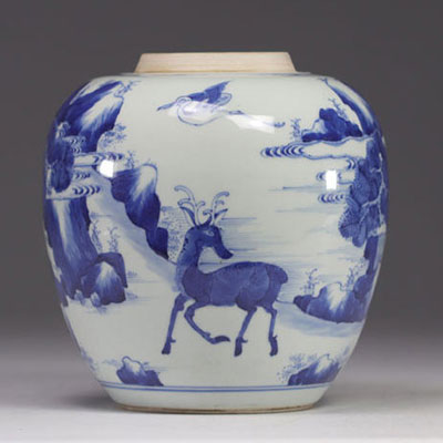 China - white and blue porcelain pot decorated with deer, egret and pine, circle mark.