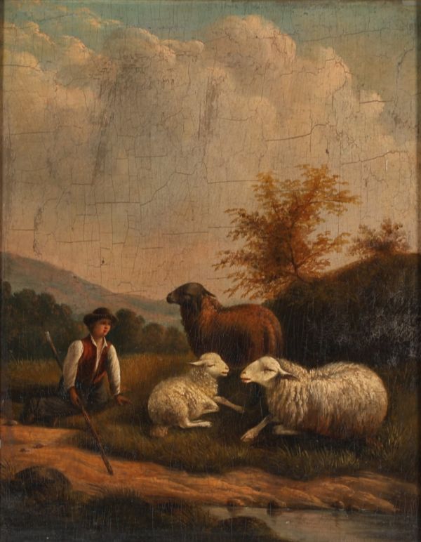 “Young shepherd and his sheep” Oil on panel, 19th century, unsigned.