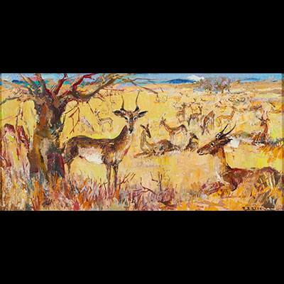 Paul DAXHELET (1905-1993) ‘Gazelles in the Savannah’ Oil on canvas.