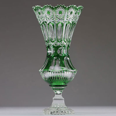 Val Saint Lambert - Cut crystal vase with emerald green lining.