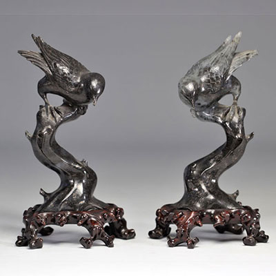 Pair of jade birds on beautiful bases Chinese work circa 1900