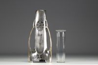 Art Nouveau silver-plated metal vase, OBE hallmark, one chip on the neck of the glassware.