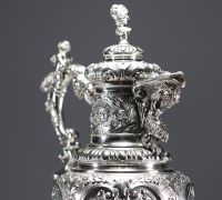 A very imposing ewer and tray in solid silver in the Italian Renaissance style.