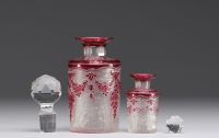 Val Saint Lambert - Set of two bottles in acid-etched multi-layered glass.