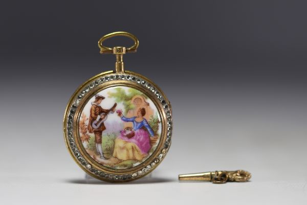 Oignon’ pocket watch, romantic scene on porcelain, cock movement, signed Coulin in Geneva, 18th century.