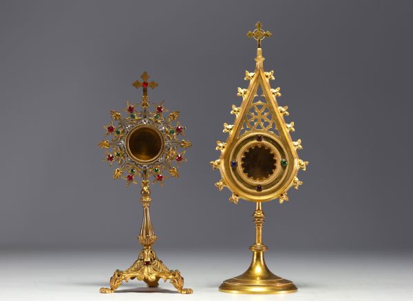 Set of two brass and stone reliquaries, late 19th century.