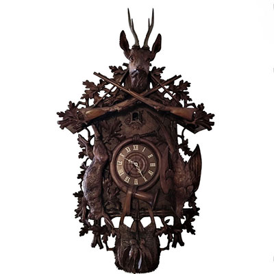 Very imposing (1m22 ) Black Forest cuckoo clock in walnut showing a sculture of a roe deer, hare and pheasant - rare 19th century spring winding movement