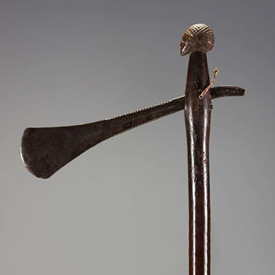 DRC - Adze with wooden handle carved with a head, worked iron blade.