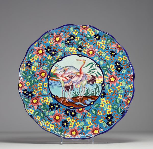 Longwy - Large earthenware dish decorated with apple blossoms and egrets, circa 1930-40.