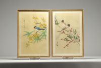 Chine - Ensemble de deux estampes aux oiseaux sur papier de riz.