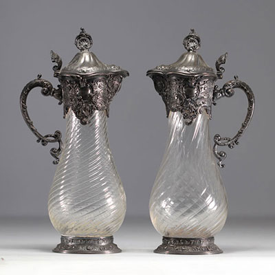 WMF, set of two twisted glass decanters, silver-plated metal frame.