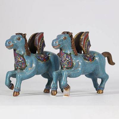 (2) Pair of blue horses with wings in different cloisonné patterns from the 1950s