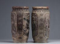 Japan - Pair of stoneware vases decorated with figures and animals, Meiji period.