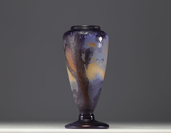 André DELATTE (1887-1953) Rare vase en verre multicouche dégagé à l'acide au décor de hibou, signé.