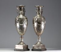 Imposing pair of Louis XVI chased and repoussé silver vases, hallmarks of Paris, 18th century.