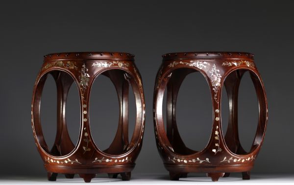 China- Vietnam - Pair of stools in wood and mother-of-pearl inlay.