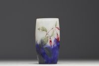 DAUM Nancy - Acid-etched multi-layered glass vase with enamelled fuchsia decoration, signed.