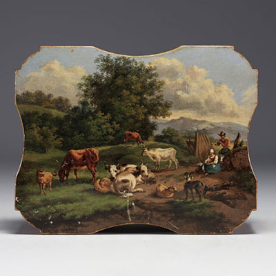Gérard Antoine CREHAY (1844-1936) Coffret en bois de Spa à décor de vaches et de paysans, signée.