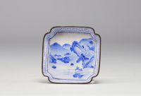 China - set of cloisonné trays and goblets with white-blue decoration of rural scenes and figures, Qing period.