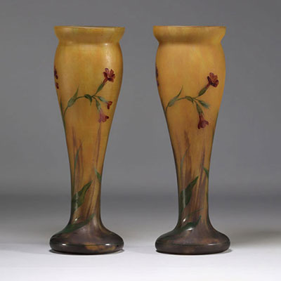 (2) MADO - NANCY Pair of painted marmorated glass vases with flower motifs