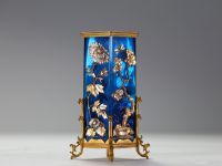 Maison Alphonse GIROUX - Blue glass and bronze japanese vase richly decorated with bronze and silver flowers and insects, signed.