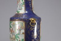 Large pair of blue powdered porcelain vases decorated with scenes of life from the 19th century