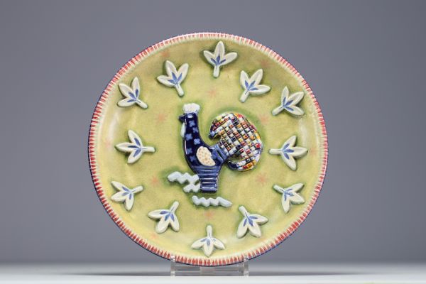 Ernest D'HOSSCHE (1912-1976) Boch Frères Keramis - Glazed stoneware dish decorated with a stylised cockerel.