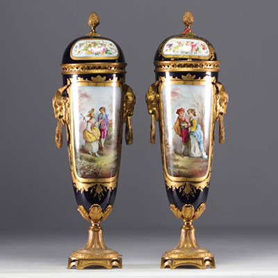 Sèvres - Pair of bronze mounted porcelain covered cassolettes 