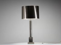 Maison Charles et Fils - Lampe de table, corps et abat jour en inox, vers 1970.