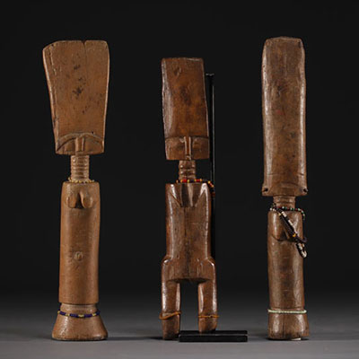 Ghana - Set of three carved wooden Fanti dolls.