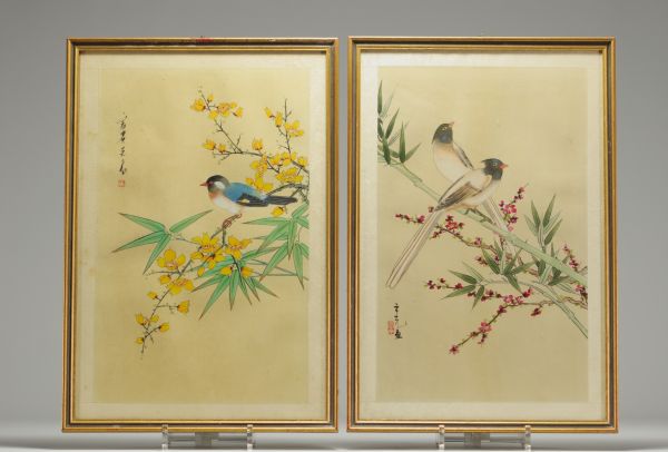 Chine - Ensemble de deux estampes aux oiseaux sur papier de riz.