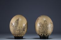 Rare pair of engraved ostrich eggs, British colonisation of the Americas, 18th-19th century.