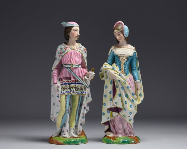 Pair of Andenne polychrome porcelain figurines, 19th century.