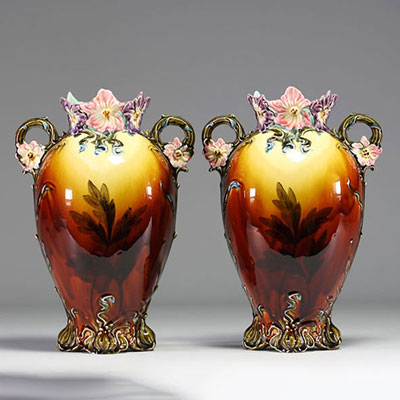 Pair of Art Nouveau majolica earthenware vases, probably from the Nimy faience factory, circa 1900.