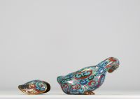 China - A pair of bronze and cloisonné enamelled duck incense burners, 19th-20th century.