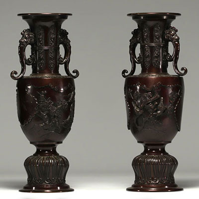 Japan - A pair of bronze vases with a brown patina, decorated with birds.