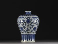 Chine - Vase de forme Meiping bleu blanc à décor floral et feuilles de bananier, période Qing.