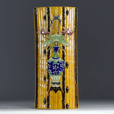 China - Bamboo-shaped vase in glazed porcelain decorated with a flowering vase and incense sticks.