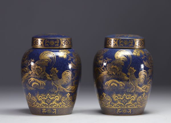 A pair of powder blue porcelain covered vases, decorated with roosters and flowers in gold, Qing dynasty, 19th century.