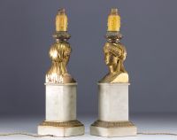 Pair of white marble and gilt bronze lamps with Caryatid faces, Empire period. OVER 100 YEARS OLD