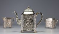 Solid silver service consisting of four pieces, hallmarked 800 and half-moon crown, late 19th century.