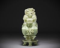 China - Large jade sculpture of covered pots decorated with dragons.