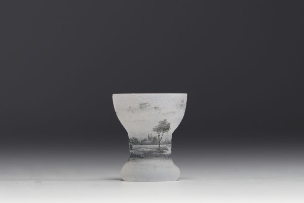 DAUM Nancy - Miniature vase in frosted acid-etched glass with mill and boat design.