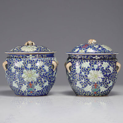 Chine - Paire de terrines en porcelaine famille rose à décor floral.
