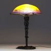 Muller Frères Lunéville - Art Nouveau mushroom lamp, hammered metal base with vine decoration, colored glass cup, signed.