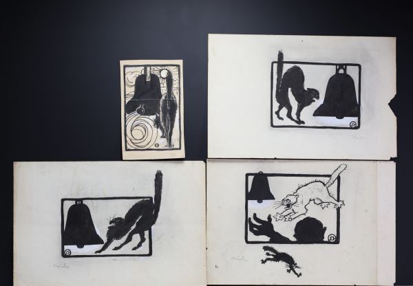 Théophile Alexandre STEINLEN (1859-1923) Quatre dessins à l’encre de chine du chat noir, étude de recherche pour l’enseigne.
