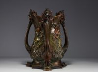 Raphaël Charles PEYRE (1872-1949) Imposing Art Nouveau bronze jardinière decorated with women in bloom, signed.